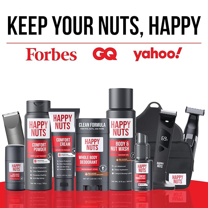 Happy Nuts Comfort Cream Powder and Body Wash Bundle - Anti-Chafing Sweat Defense and Men's Shower Gel Body Wash