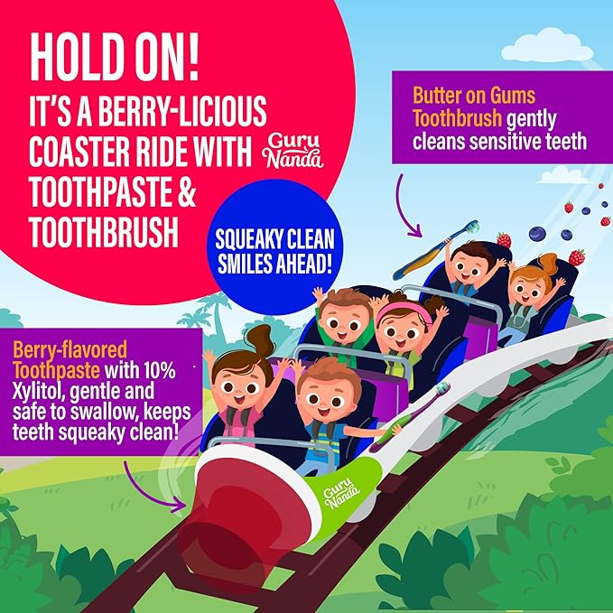 GuruNanda Kids Oral Care Regimen Kit with Toothpaste Butter On Gums Toothbrush Oil Pulling Mouthwash Giraffe Floss Picks Water Flosser &amp Tongue Scrapers