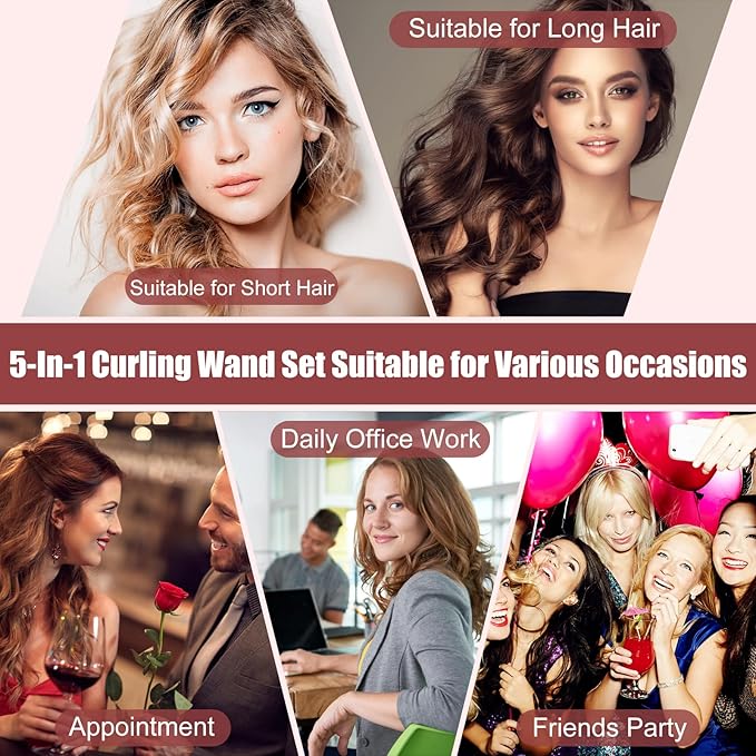 5 in 1 Curling Wand Set - SIQUER Curling Iron Set 1/2 to 1 1/4 Inch Beach Waves Wands 1 1/2 Inch Thermal Brush Fast Heating Up Hair Curlers for Women with Protective Gloves Clamps (Rose Black)