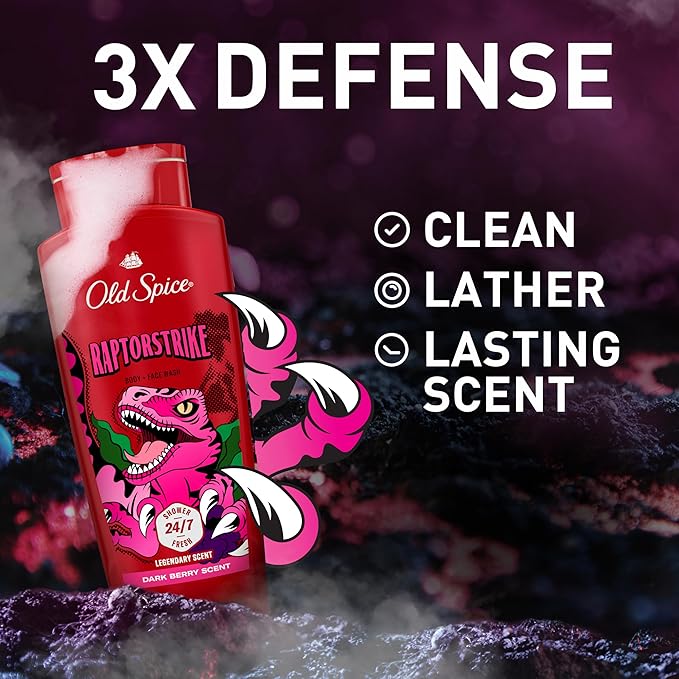 Old Spice Cleansing Body Wash for Men 3X Defense 24/7 Shower Fresh with Lasting Scent 2-in-1 Body &amp Face Wash Raptorstrike with Dark Berry Scent 24 oz (Pack of 4)
