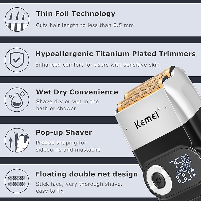 KEMEI 2-in-1 Men's Electric Shaver Cordless Rechargeable Bald Trimmer with LED Display