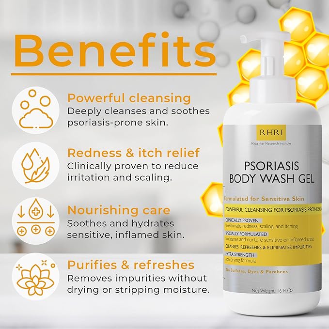 Body Wash | Psoriasis Treatment For Skin | Psoriasis Body Gel | Foaming Cleanser For Dry Itchy Red Flaky Scaly Skin w/Scrubber