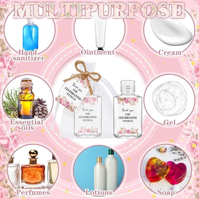 50 Sets Mini Hand Sanitizer Bottles Bulk 2oz Empty Christmas Hand Sanitizer Travel Size Wedding Favors for Guests with Organza Bags Thank You Tags for Woman Employees(FlowerPink)