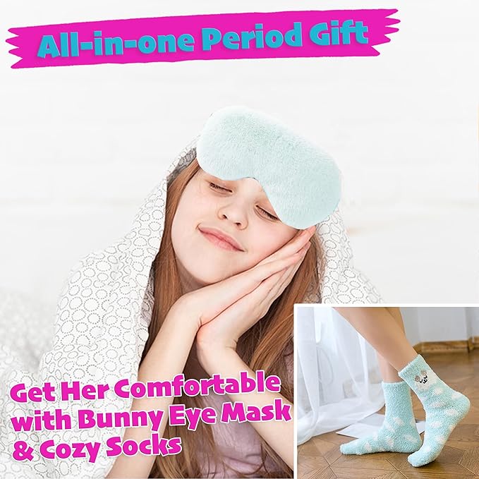 First Period kit for Girls | 22 PC Period Packs for Young Girls First Time | First Period Gift for Teen Girls with Sanitary Pad Storage Bag Wipes Bracelet Eye Mask Socks and More(Mint)