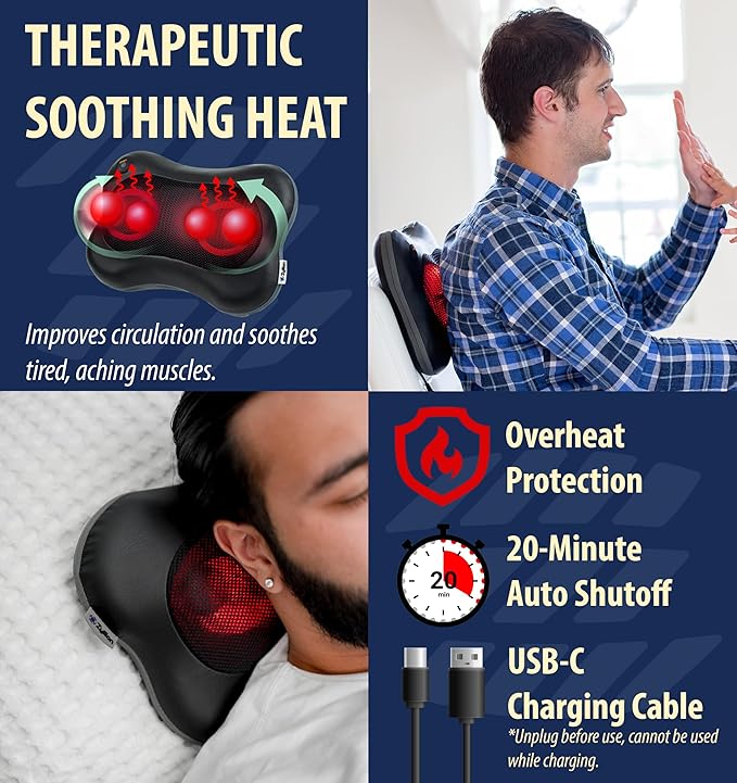 Zyllion Shiatsu Back and Neck Massager with Heat - Cordless Rechargeable 3D Electric Kneading Deep Tissue Massage Pillow for Muscle Pain Relief Black ZMA-13RB