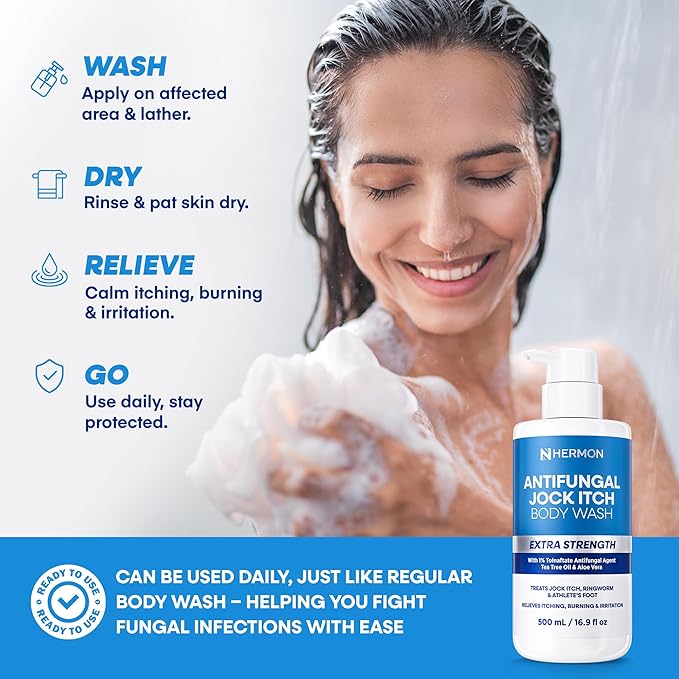 Hermon Antifungal Body Wash for Jock Itch: Tea Tree oil Body Wash for Jock Itch Ringworm Back Acne Athlete's Foot Tinea - Medicated Soap for Men and Women