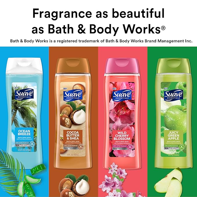 Suave Moisturizing Body Wash Cocoa Butter and Shea with Vitamin E Extract No Parabens No Phtahaltes 18 Oz (Pack of 12)