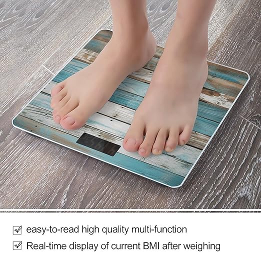 Vintage Beach Wood Old Blue Color Wooden Plank Bathroom Scale Ultra-Bright Liquid Crystal Screen Weight Scale Accurate Bathroom Body Scales for Body Weight Bathroom Pet Home Bedroom Gift-Giving