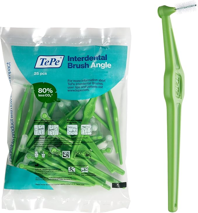 TePe Interdental Brush Angle Angled Dental Brush for Teeth Cleaning Pack of 25 0.8 mm Large Gaps Green Size 5