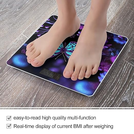 Purple Butterfly and Flowers Scale for Body Weight Sturdy Tempered Glass Weighing Scales with LCD Display Accurate Digital Bathroom Scale Convenient Body Fat Smart Scales Easy Read