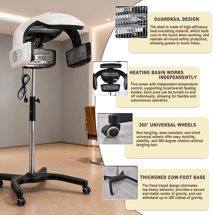 All-in-One Professional Hair Dryer &amp Steamer Cap 800w Stand-Up Dryer with Mobile Roller Base Adjustable Time/Temp for Efficient Hair Color Processing and Deep Conditioning at Home Black