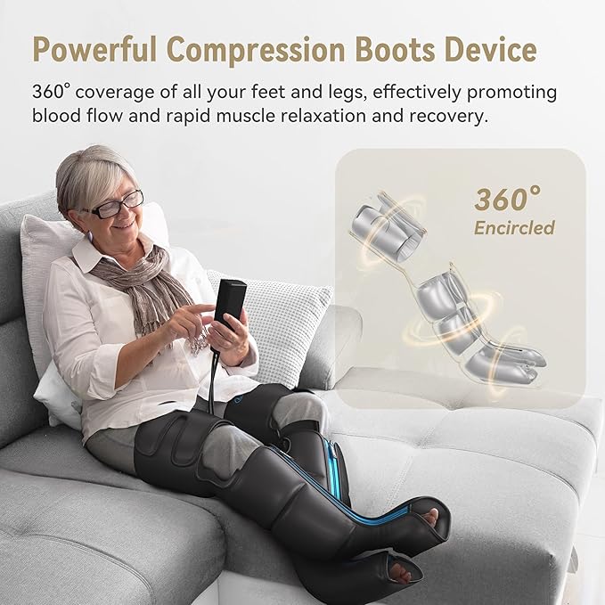 FIT KING Rechargeable Leg and Foot Massager - Cordless Air Compression Full Leg Boots Massager for Circulation and Recovery - Pressure Sensor &amp LCD Display - 3 Modes 10 Intensities 5 Timer Functio