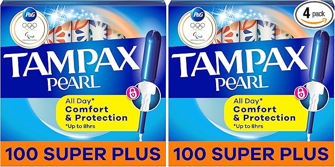 Tampax Pearl Tampons Super Plus Absorbency with Leakguard Braid Unscented 50 Count (Pack of 4) 100 Count Total