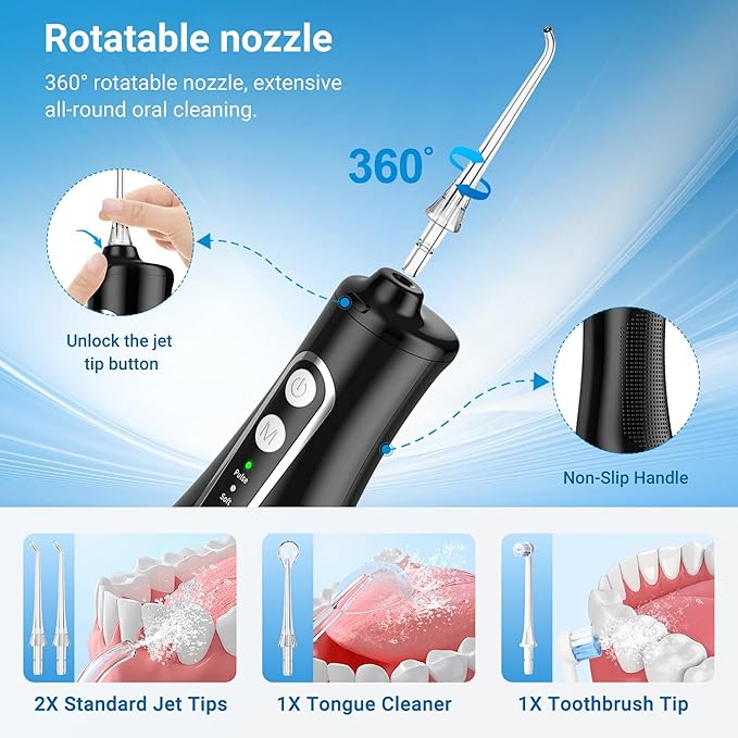 Cordless Oral Irrigator Water Flosser for Teeth Gums &amp Braces - 4 Modes 300ML Tank 360° Rotatable Nozzle IPX7 Waterproof USB Rechargeable 2000mAh Battery for Home &amp Travel (M149 Pro - Bla