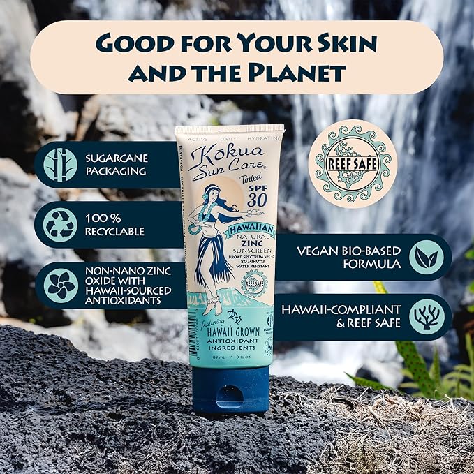 Kokua Sun Care Hawaiian Reef Safe SPF 30 | Zinc Oxide | Tinted Mineral for Face &amp Body | Sun Protection | Water Resistant | Chemical Free | Natural Ingredients