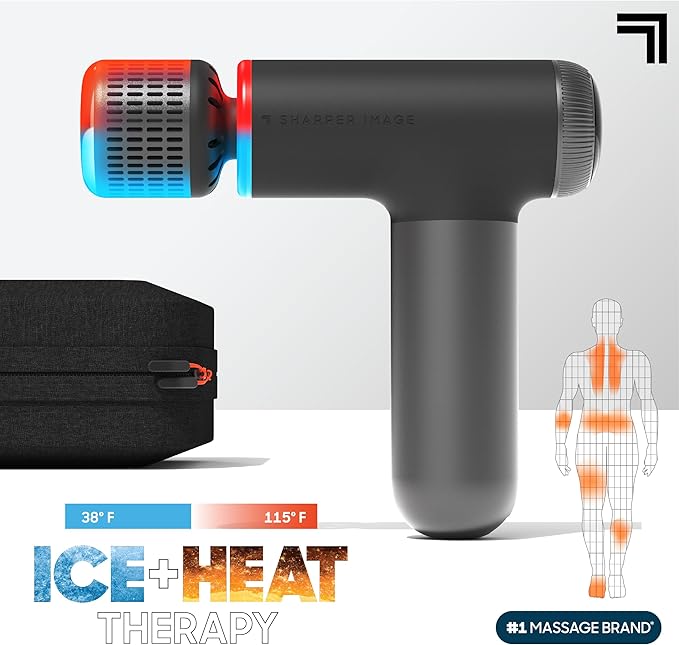 Sharper Image® Powerboost® Pro+ Hot &amp Cold Compact Deep Tissue Massage Gun - 6 Speed 4 Attachments Travel Case| Soothing Heat &amp Cold Therapy| Portable Lightweight Full Body Shoulder &amp Ba