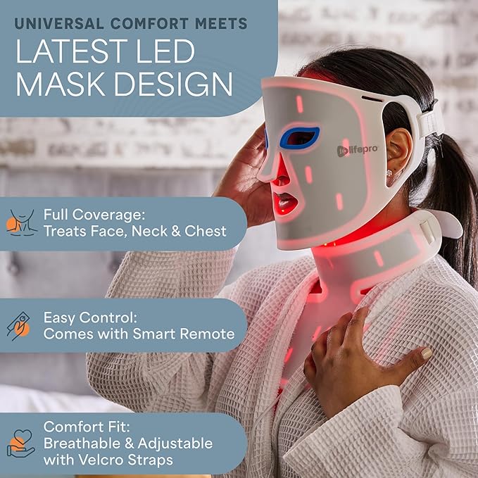Lifepro Red Light Therapy Mask –Revitaglow Infrared Red Light Therapy for Face and Neck - LED Mask with 3 to 4 Modes – 2000mAh Battery &amp Auto-Timer - for Daily Skin Wellness and Comfort