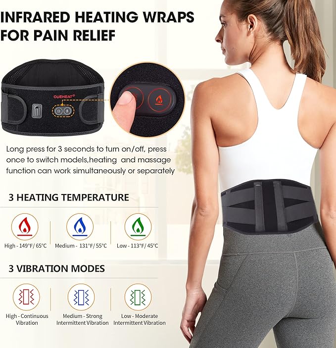 CUEHEAT Heated Waist Belt Cordless Heating Pad for Low Back Electrical Heating and Massage Rechargeable Battery Powered (Dark Black 53inch)