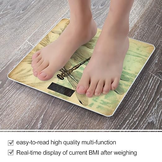 Dragonfly Dragonflies Vintage Bathroom Scale Automatic Power On/Off Body Scales LCD Backlight Display Square Digital Scale Rounded Corners Bathroom Scales for Home Bedrooms