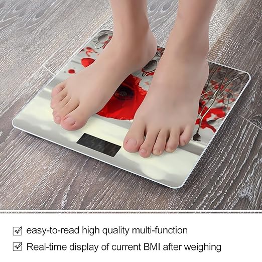 Red Poppy Flower Scale for Body Weight High Precision Digital Weight Scales with LCD Display Anti-Slip Sturdy Slim Tempered Glass Bathroom Scale for Home Use