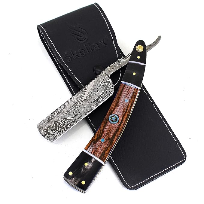 Damascus Straight Razor - Custom Shaving Blade for men - Damascus Steel Barber Approved - Straight Edge Razor For Men - Mens Straight Razor Kit -Travel Case - Best Gift Set For Him