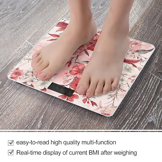 Peach Floral Pattern Scale for Body Weight Anti-Slip Tempered Glass Digital Bathroom Scales Clear LCD Display Weighing Scale Safe Rounded Corners Smart Scales