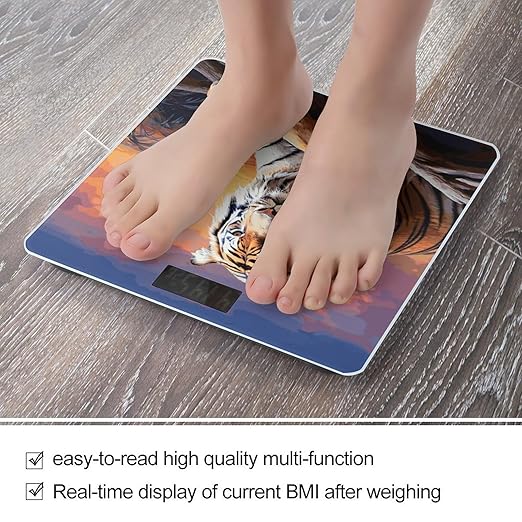 Tiger Colorful Sunset Scale with LCD Easy-to-Read Anti-Slip Weight Digital Bathroom Scale Precision Weighing Scales Sturdy Tempered Glass Body Weight Scales for Daily Use