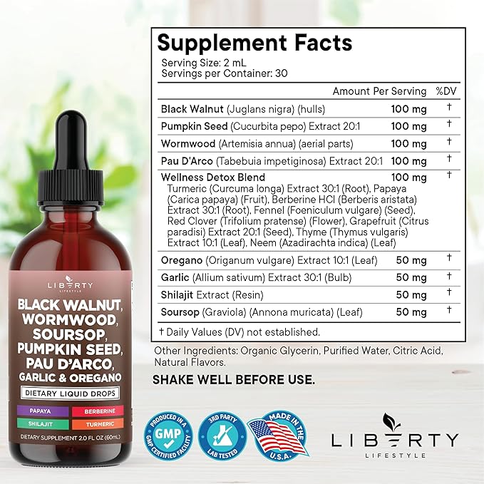 Defend Wormwood Black Walnut Cleanse for Humans Drops Liquid Soursop Garlic Pumpkin Seed PAU D'Arco Oil of Oregano Turmeric Berberine Neem Extract Hull Bark Tincture - 8 OZ