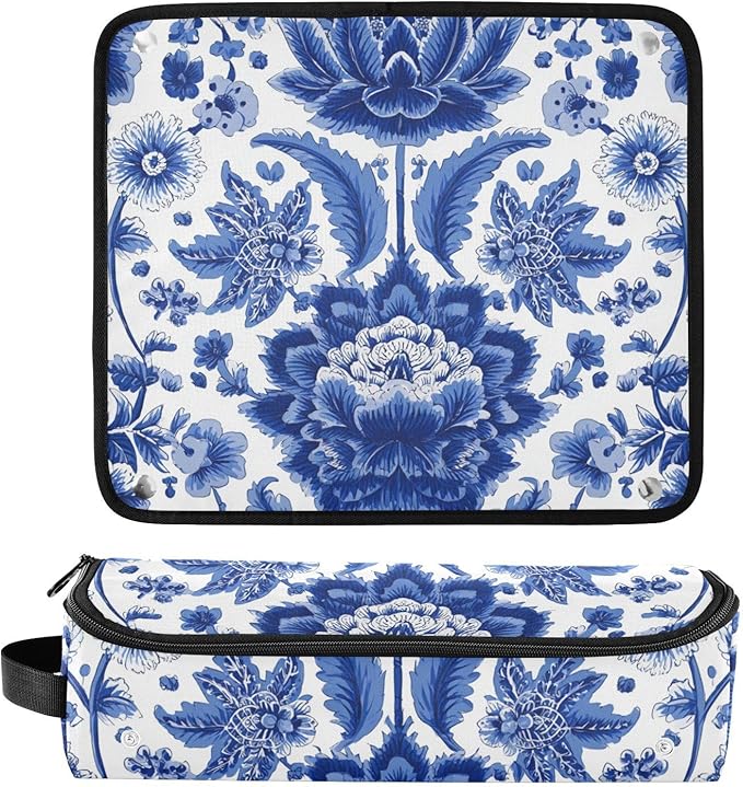 Hair Tools Travel Bag with Heat Resistant Mat Detachable 2-in-1 Curling Iron Travel Case Hot Tools Organizer for Straightener Flat Iron Blue and White Symmetrical Floral