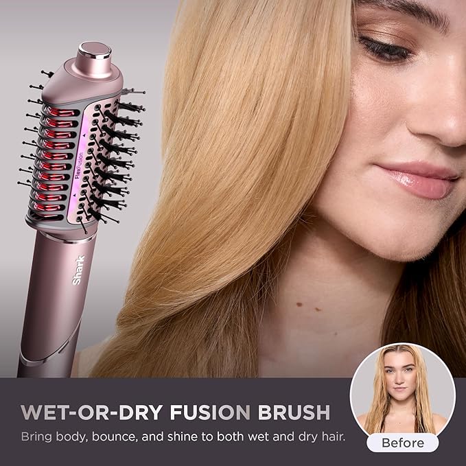 Shark FlexFusion Hair Straightener &amp Powerful Hair Dryer with Fusion Hair Brush Ceramic Air Styler with Auto-Wrap Curlers &amp Concentrator Ceramic Plates Cosmic Blush HD641S