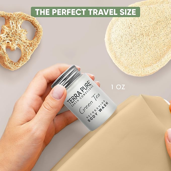 Terra Pure Travel Size Hotel Body Wash 300 Count 1 oz Bottles Guest Amenities for Hotels Vacation Rentals and Short Term Rentals Paraben Free Green Tea Scent Infused with Aloe and Olive Oil