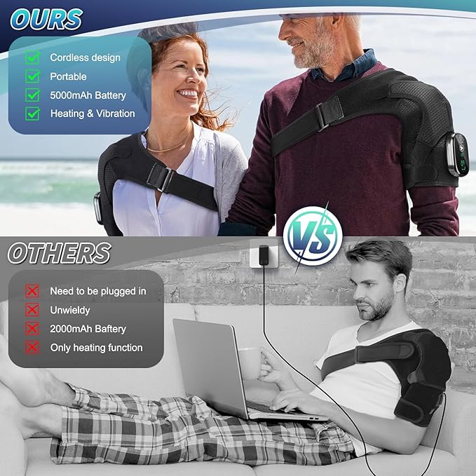 Cordless Heated Shoulder Brace with Vibration 3 Heat &amp Massage Settings Shoulder Heating Pad for Pain Relief Adjustable Shoulder Warmer for Men and Women(Black)