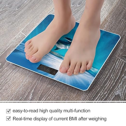 Swimming Dolphin in Blue Sea Weight Scale Digital Electronic Scales Bathroom Scale Larg LCD Backlight Display High Precision MeasurementsTempered Glass