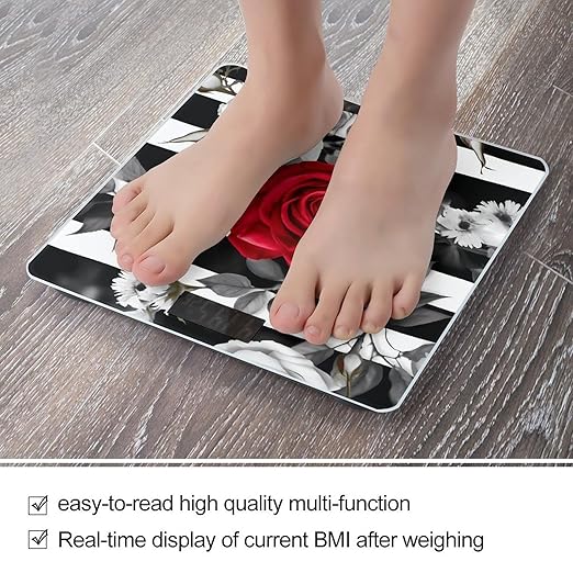 Black White Stripes Red Rose Flowers Bathroom Scale Large LCD Backlight Display Digital Scale Rounded Corners Body Scales Automatic Power On/Off Bathroom Scales for Home Bedrooms