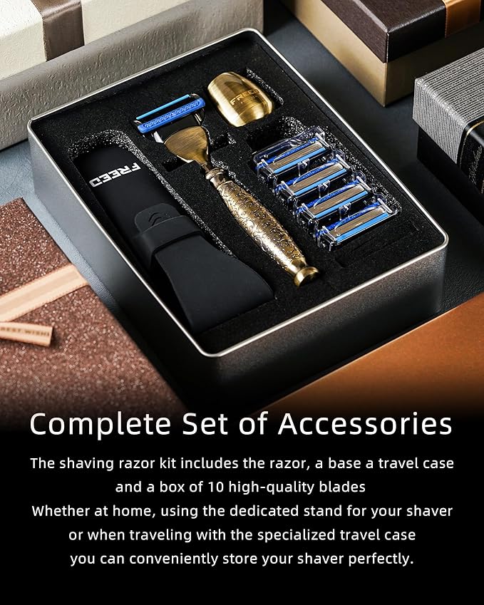 FREED Customized gifts Engraving Shaving Kit - Safety Razor with metal handle include razor base razor travel case and 5 Razor Blade Refillsit's the best gift for men (Bronze)