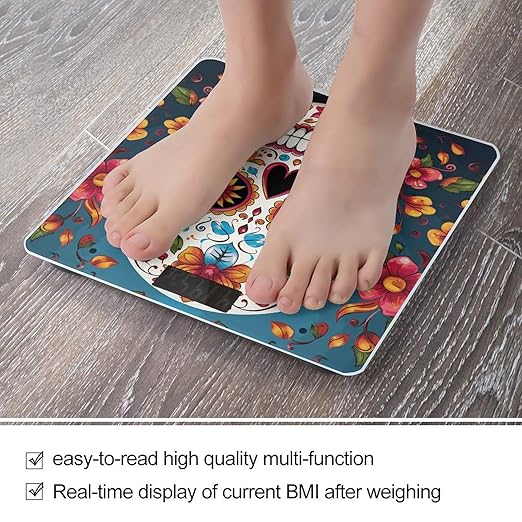Colorful Sugar Skull Bathroom Scale for Body Weight Bathroom Digital Electronic Weighing Scale with Back Lit LED Display Sturdy Tempered Glass Weight Watchers Scales 400lb