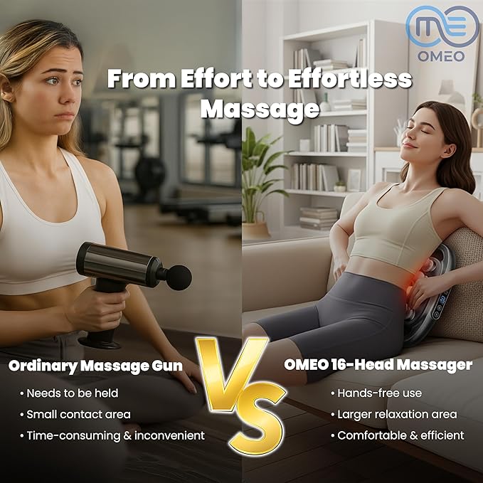 OMEO 16-Head Deep Tissue Massage Gun – Professional Percussion Massager with 30 Intensities &amp Quiet Motor | Portable Muscle Massager for Pain Relief Neck Back Shoulders &amp Legs (Black)