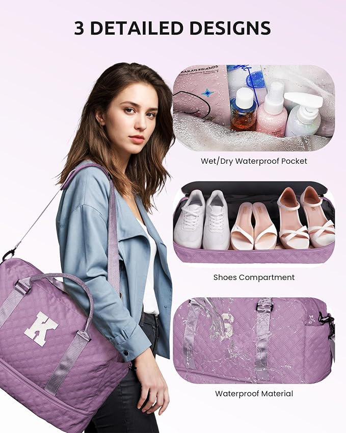 Girl Duffle Bag with Shoe Compartment Tween Weekend Duffle Bag Monogram Overnight Bag for Women with Trolley Sleeve &amp Wet Pocket Letter Kids Travel Bag with Makeup Bag (Letter K)