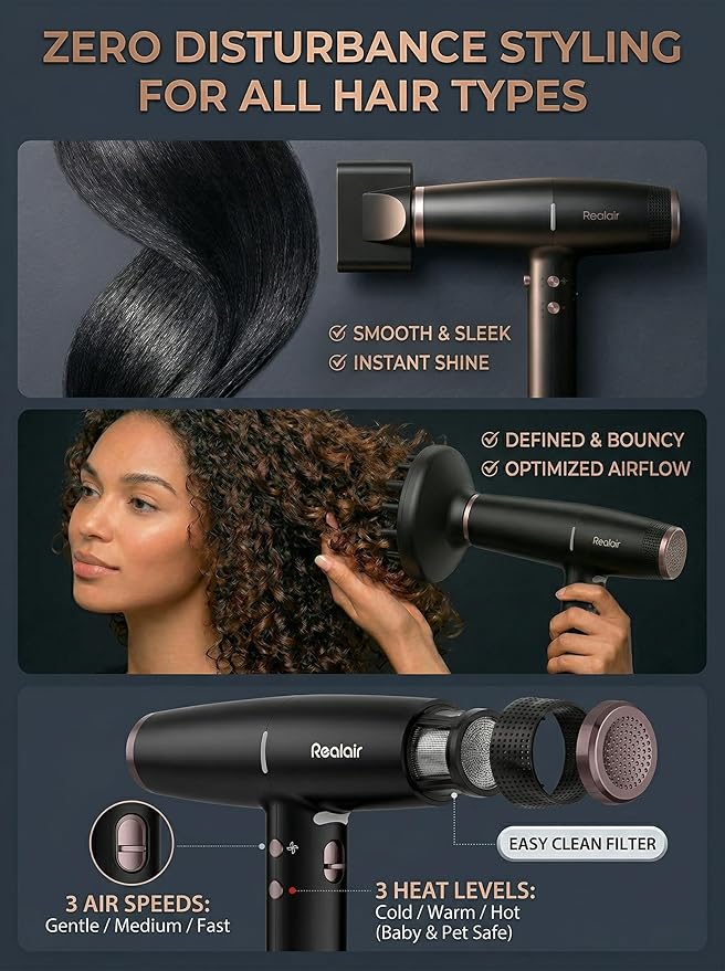 Professional Ionic Hair Dryer with Diffuser - Lightweight Compact Powerful &amp Fast Salon Blow Dryer with High Speed Brushless Motor for Travel Women &amp Men Ceramic Black JQ801