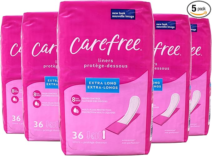 Carefree Extra Long Panty Liners Unscented Multi-Fluid Protection 36 Count (Pack of 5)