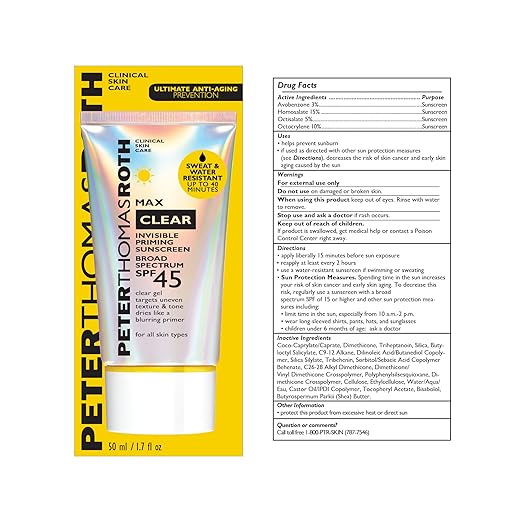 Peter Thomas Roth | Max Clear Invisible Priming Sunscreen Broad Spectrum SPF 45 | Makeup Primer with SPF Water-Resistant Sunscreen Gel with Silky Finish 1.7 fl. oz.