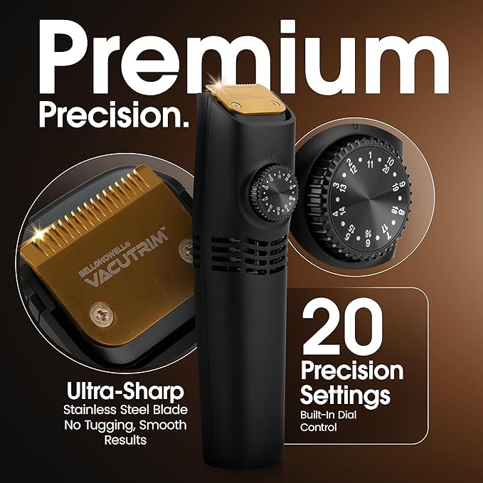 Vacutrim Cordless Mens Beard Trimmer Rechargeable Electric Shaver with 20 Trim Setting Calibration Dial and Built-in Vacuum for Mustache Sideburns. Facial Hair Black 7.5 As Seen On TV