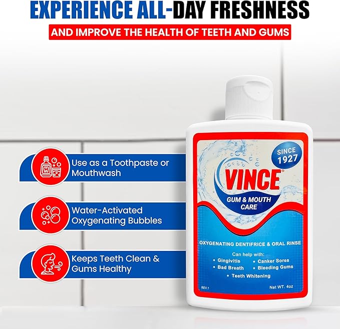 Vince Gum &amp Mouth Toothpaste Powder - Dentifrice &amp Mouthwash - Cavity Prevention - Gingivitis - Irritated Bleeding &amp Receding Gums - Canker Sore - Bad Breath - Inflammation - Tonsil Stone