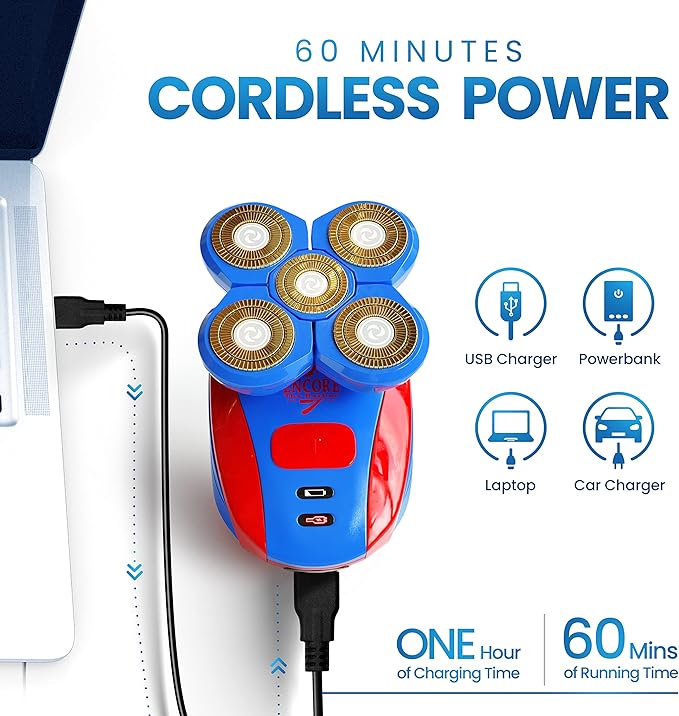 360 Bald Head Shaver 5 in 1 Attachments Grooming Kit Rechargeable Electric Hair Shaver Wet Or Dry with Pop-up Beard Moustache Trimmer Barber Grade