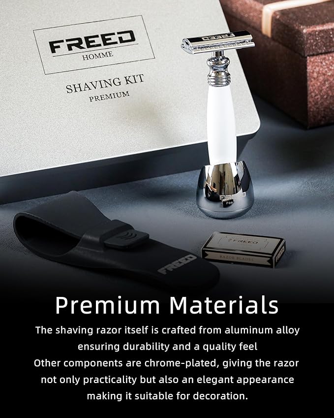 FREED Customized gifts Engraving Shaving Kit - Safety Razor with metal handle include razor base razor travel case and 10 bladesit's the best gift for men (Pearl White)