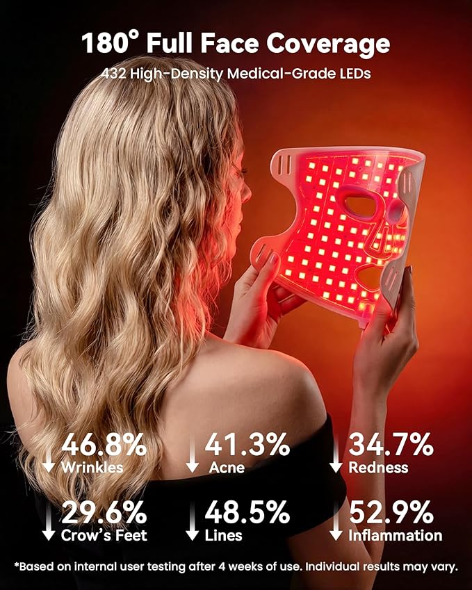 Red Light Therapy for Face Mask 432 LED Face Mask with 3 Wavelengths (630nm Red 415nm Blue 850nm NIR) 180° Full Face Coverage Wrinkles &amp Acne Care at Home Rechargeable with Travel Bag