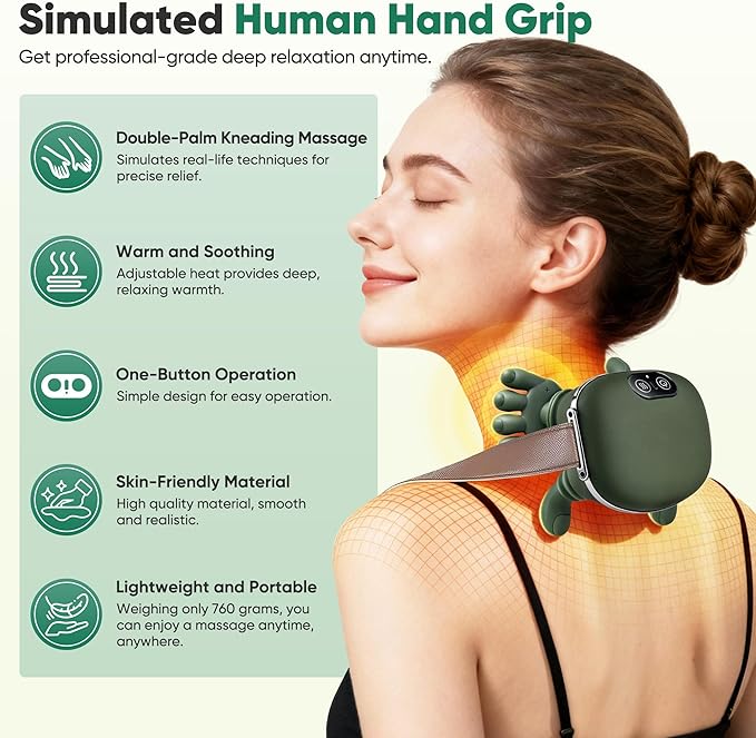 Neck Massager Hand and Back Massage for Pain Relief Deep Tissue Shoulder Body Electric Massager Shiatsu Masajeador De Espalda Y Cuello with Heat
