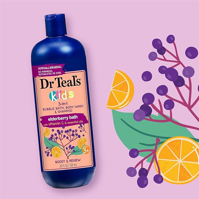 Dr Teal's Kids 3-in-1 Elderberry Bath: Bubble Bath Body Wash &amp Shampoo 20 fl oz. &amp Kids 3-in-1 Sleep Bath: Bubble Bath Body Wash &amp Shampoo with Melatonin &amp Essential Oil 20 fl oz (