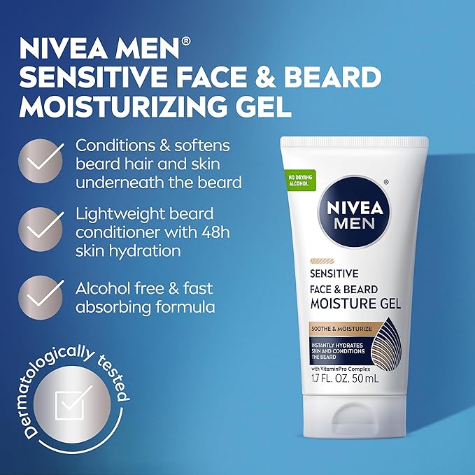NIVEA MEN Sensitive Face and Beard Moisture Gel Gentle Face and Beard Moisturizer for Men Instantly Hydrates Skin and Conditions Beards 1.7 Fl Oz Tube Pack of 3
