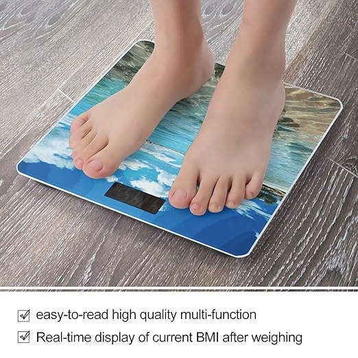 Scenic Sea Water Scale for Body Weight Anti-Slip Digital Bathroom Scale Sturdy Toughened Glass Weighing Scales High Precision Safe Rounded Corners Smart Scales